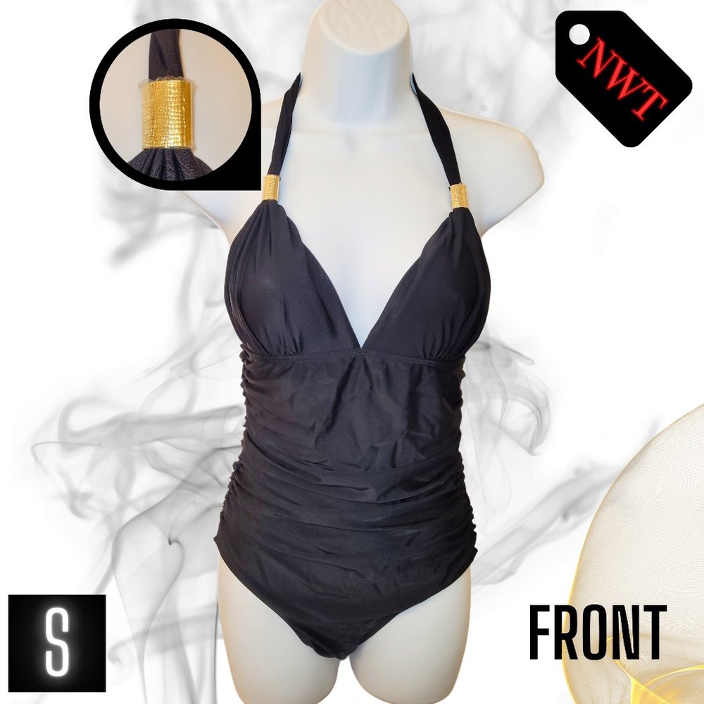 Small NWT Luxury One Piece Swimsuit with Gold accents | Black One Piece Swimsuit